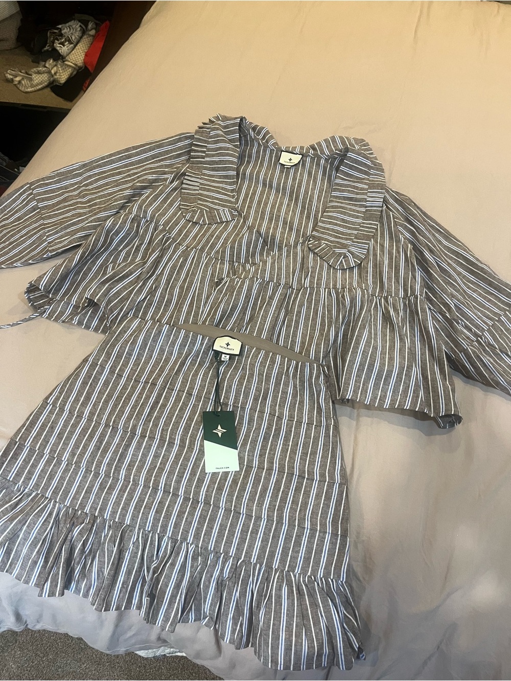 Tuckernuck Brown and White Striped Ruffle Two-Piece Set Top is large skirt is M